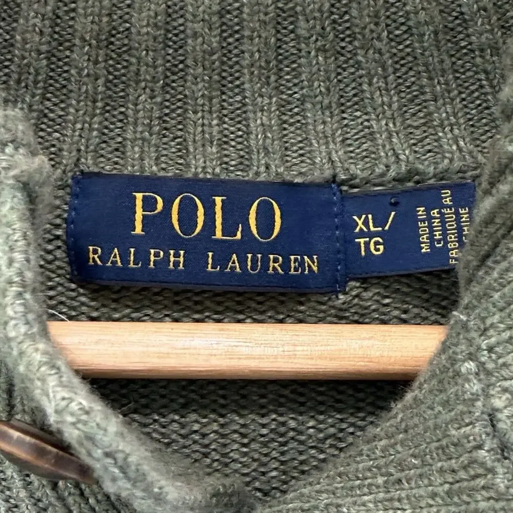 Polo Ralph Lauren Mens Sz XL Button Mock Neck Army Green Cotton Pullover Sweater